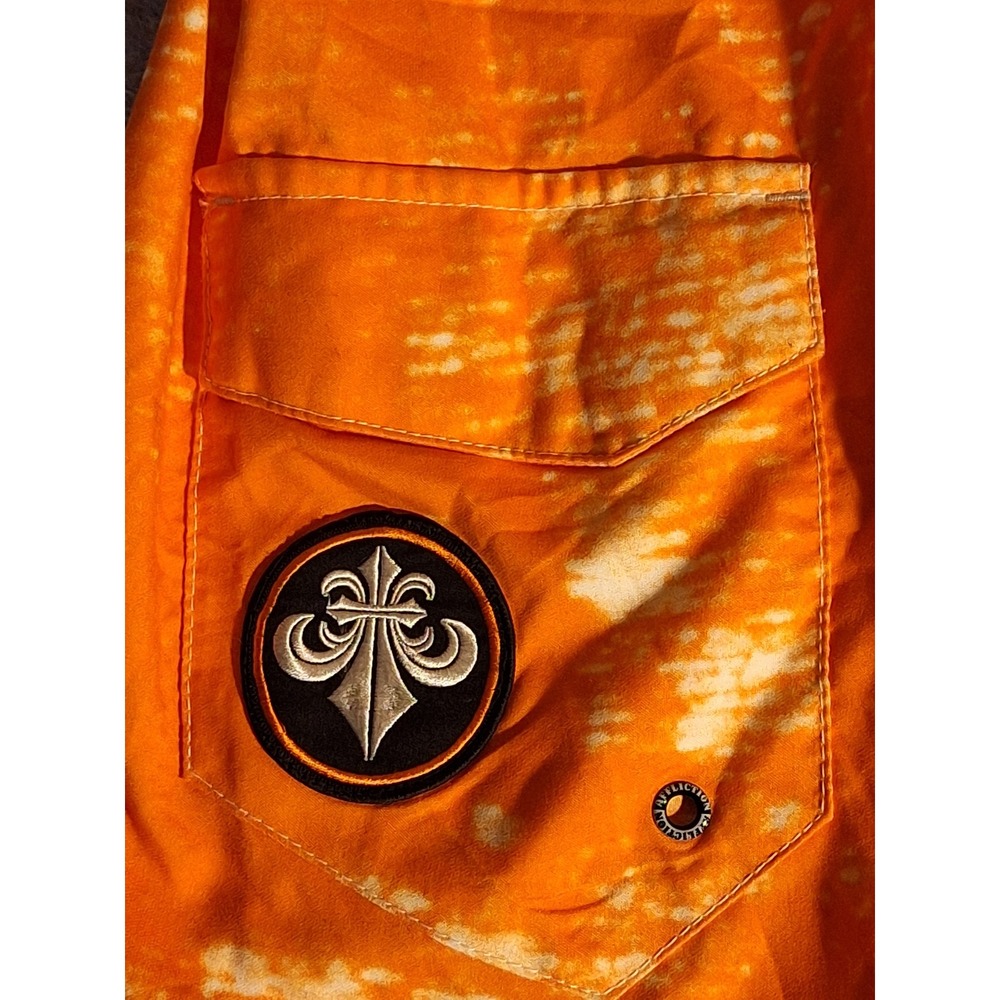 Affliction Mens Orange Board Shorts Swim Trunks Size 34 Distressed Gothic Cross - Picture 5 of 11